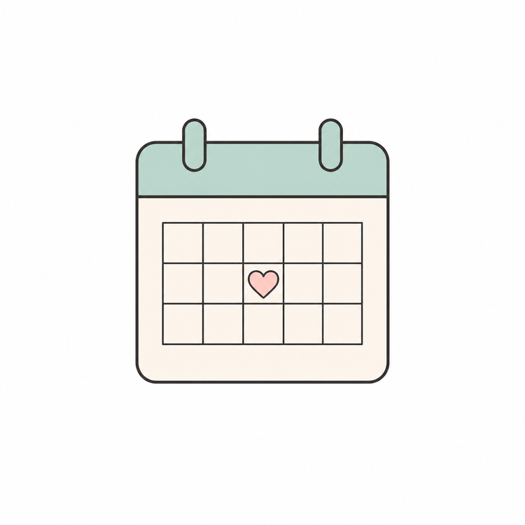 Icon image of a calendar with a pink heart in the middle.