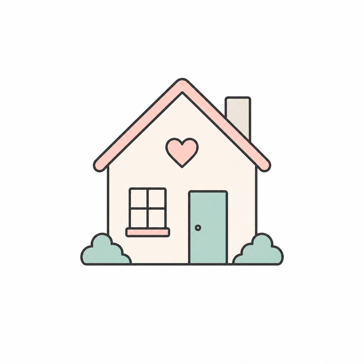 Icon of home with pink heart and green bushes outside.