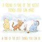 Mini wooden quote board with pastel storybook characters and a warm friendship quote.