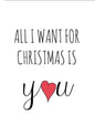 Christmas greeting card with minimalist black lettering and a red heart in the word You.