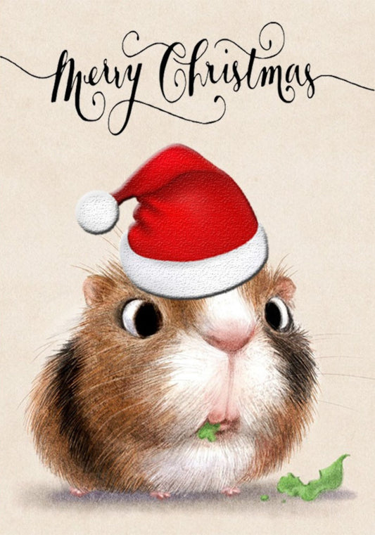 Fluffy chipmunk wearing a Santa hat with holly and Merry Christmas lettering.