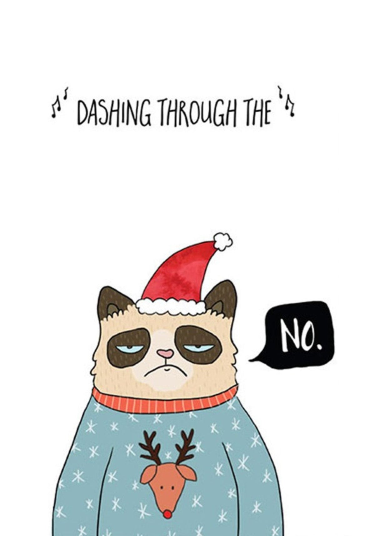 Grumpy cat in a Santa hat and patterned sweater saying No beside Dashing Through the lettering.
