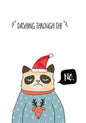 Grumpy cat in a Santa hat and patterned sweater saying No beside Dashing Through the lettering.