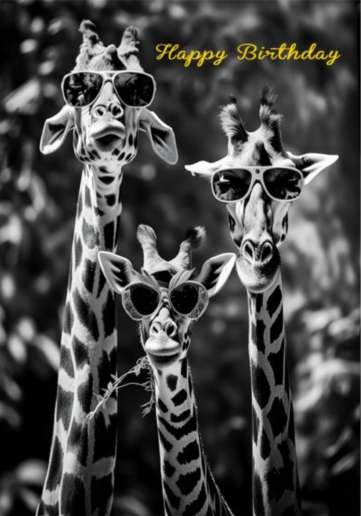A black and white photo print of three giraffes wearing sunglasses, with 'Happy Birthday' written in yellow script at the top right.