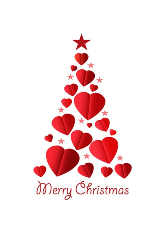 Red hearts arranged in the shape of a Christmas tree with Merry Christmas script.