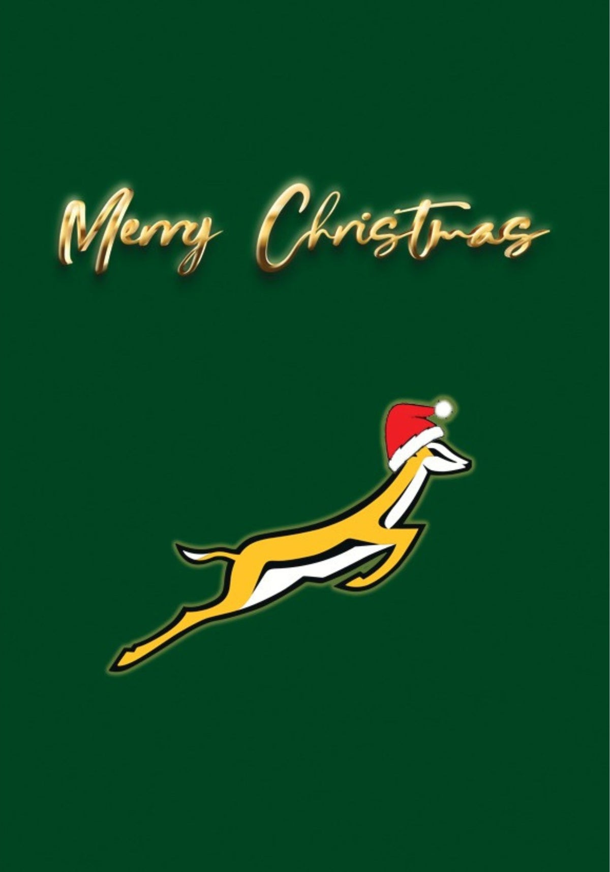 Springbok wearing a Santa hat on a deep green Christmas card with Merry Christmas lettering.