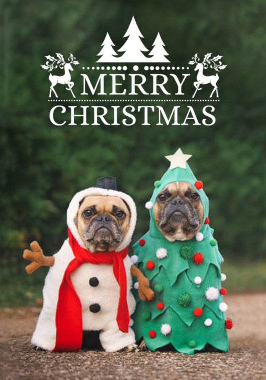 Two pugs dressed as a snowman and Christmas tree beneath Merry Christmas lettering.