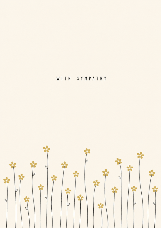 Minimal floral sympathy greeting card with delicate yellow flowers.